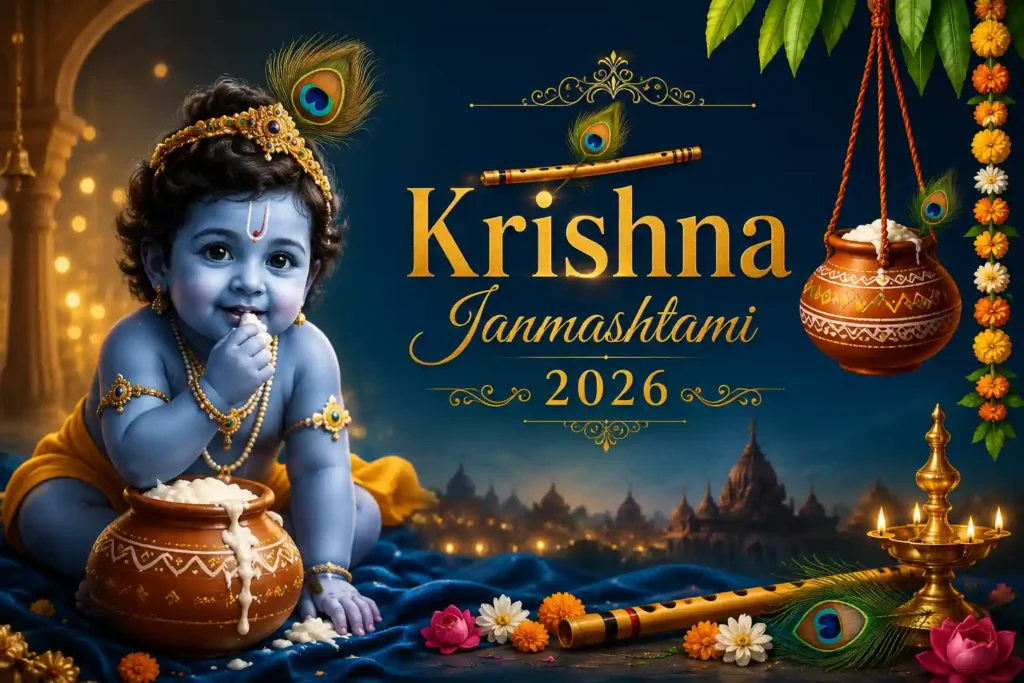 Krishna Janmashtami 2026 celebration with Bal Gopal in decorated jhula