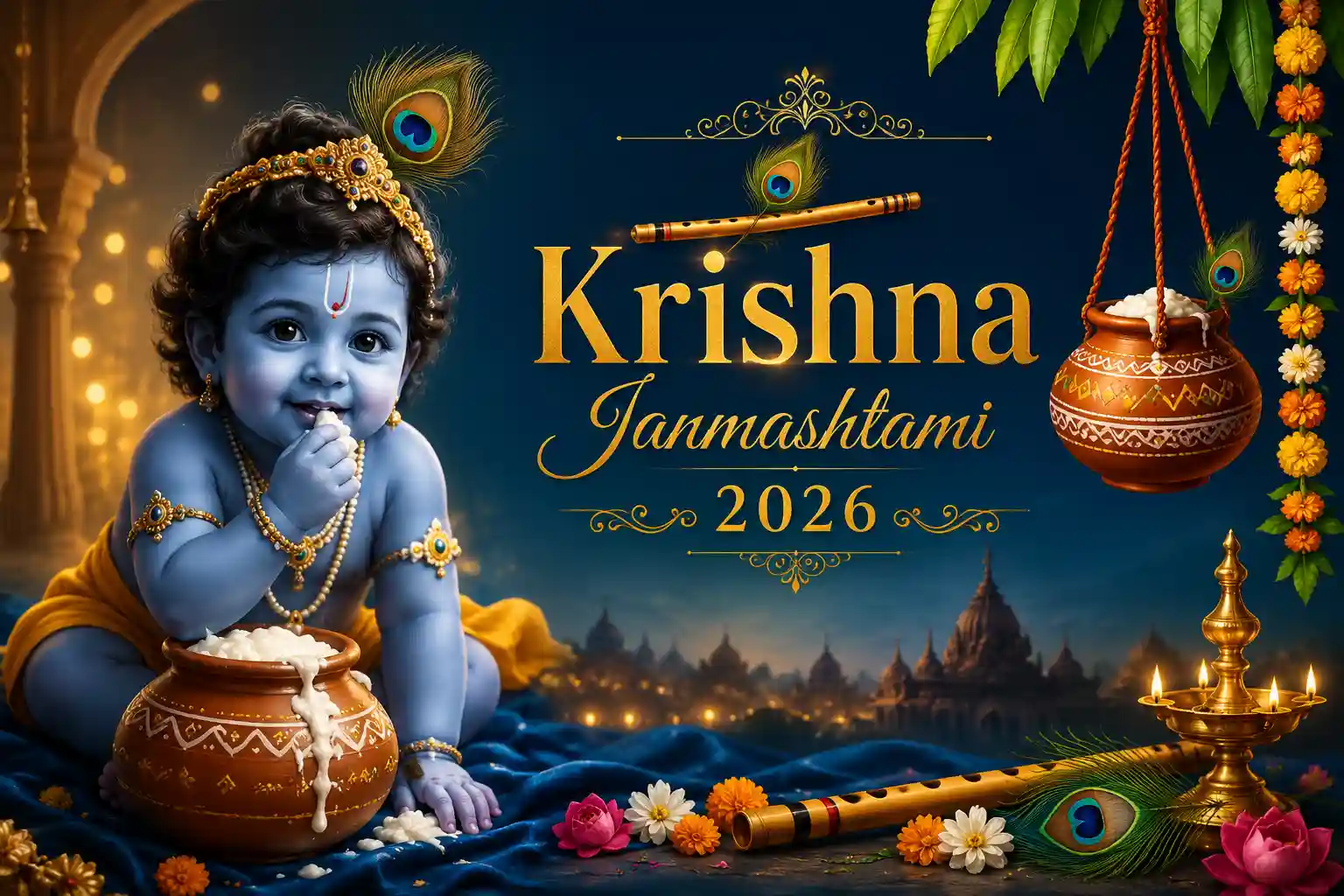 Krishna Janmashtami 2026 celebration with Bal Gopal in decorated jhula