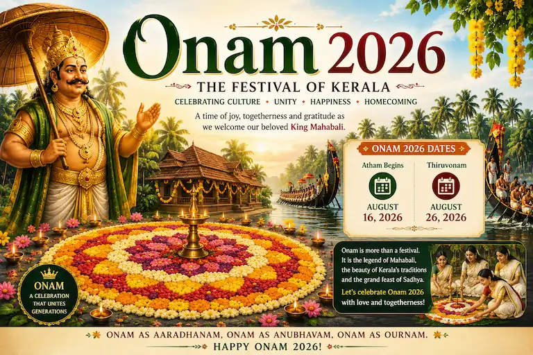 Onam 2026 festival in Kerala featuring King Mahabali, colorful Pookalam, traditional celebrations and Kerala culture.